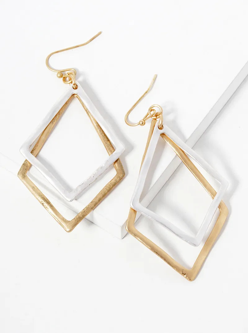 Two-Tone Double Rhombus Dangle Drop Earrings